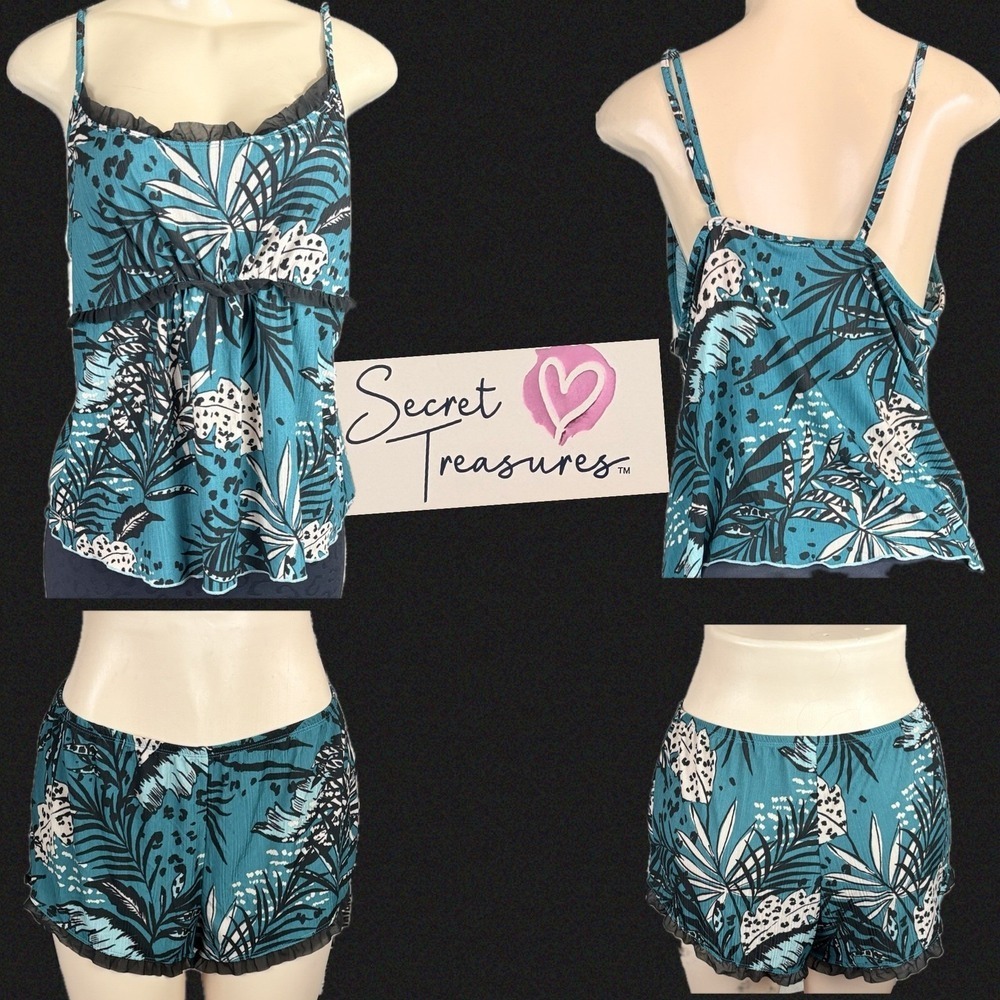 Secret Treasures Teal Tropical Leaf Print Pajama Sleepwear Set Cami Shorts XL